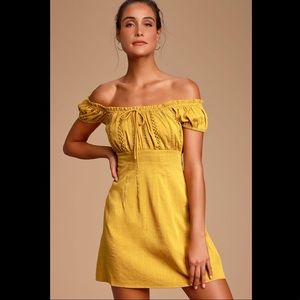 Wisteria Mustard Yellow Embroidered Off-the-Shoulder Mini Dress